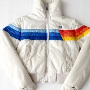 Vintage 80s Ocean Pacific OP Rainbow Stripe White Puffer Jacket Womens Sz XS